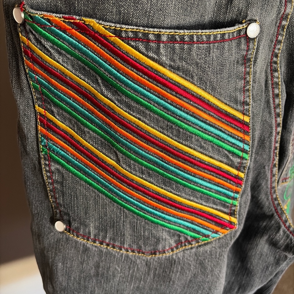 COOGI Y2K Vintage Authentic Black Denim Shorts with Multicolor Stitching Sz 36W - Picture 8 of 8
